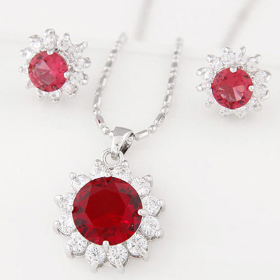 Temperament Dark Claret-red Diamond Decorated Sunflower Shape Design  Alloy Jewelry Sets