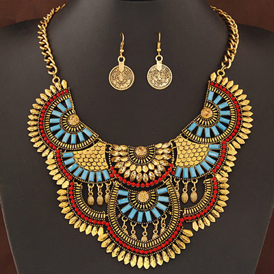 Exaggerate Antique Gold Diamond Decorated Fan Shape Design Alloy Jewelry Sets