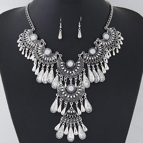 Retro Antique Silver Water Drop Shape Decorated Tassel Design  Alloy Jewelry Sets
