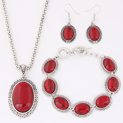 Temperament Red Oval Gemstone Pendant Decorated Simple Design Alloy Jewelry Sets