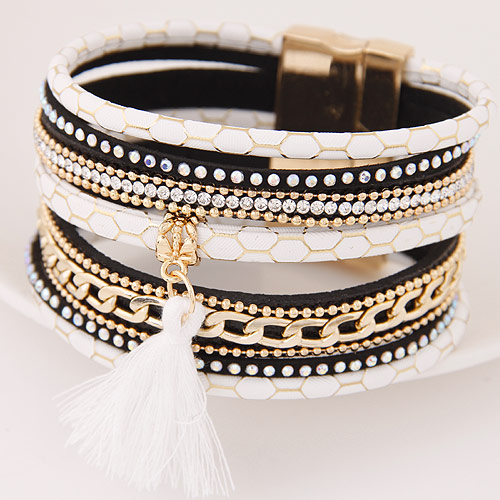 Temperamental Black+white Tassel Pendant Decorated Multilayer Design Alloy Korean Fashion Bracelet