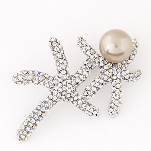 Elegant Silver Color Diamond&pearl Decorated Double Starfish Shape Design  Alloy Korean Brooches