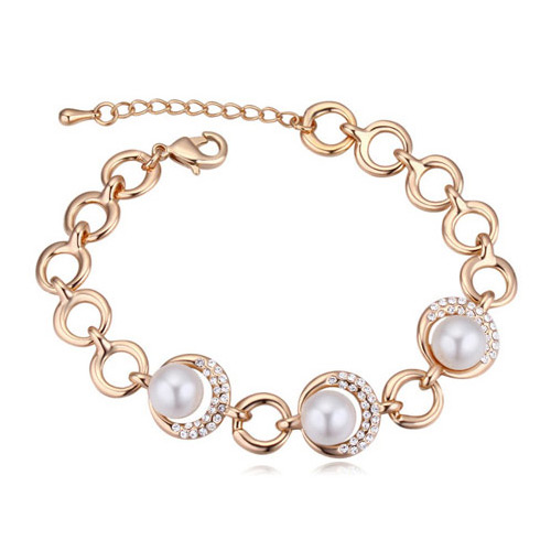 Elegant Champagne Gold+white Diamond&beads Decorated Circle Shape Design Alloy Crystal Bracelets