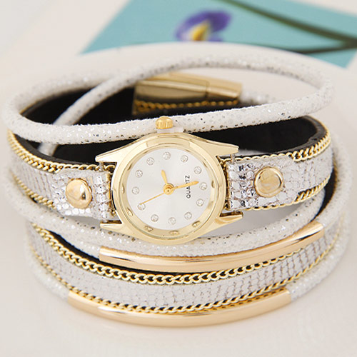Temperamental White Metal Rivet&chain Decorated Multilayer Design Alloy Ladies Watches