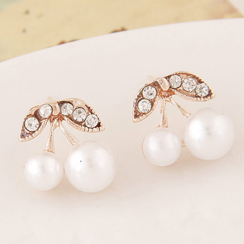 Sweet White Diamond Decorated Cherry Shape Design Alloy Stud Earrings