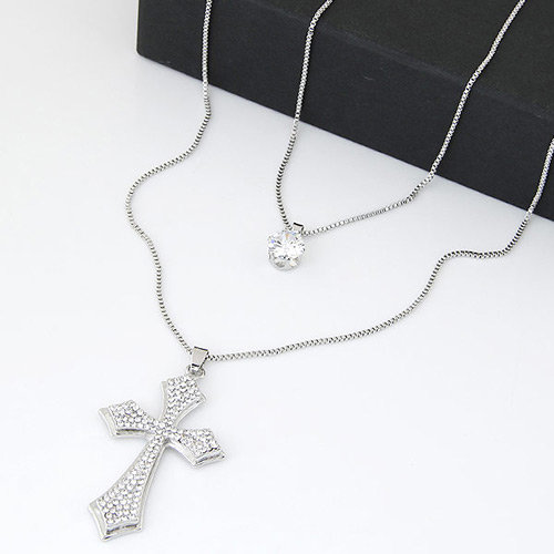 Sweet Silver Color Cross&diamond Decorated Double Layer Design