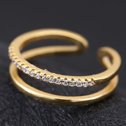 Sweet Gold Color Diamond Decorated Double-deck Opening Design Zircon Korean Rings