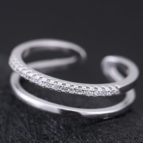 Sweet Silver Color Diamond Decorated Double-deck Opening Design Zircon Korean Rings
