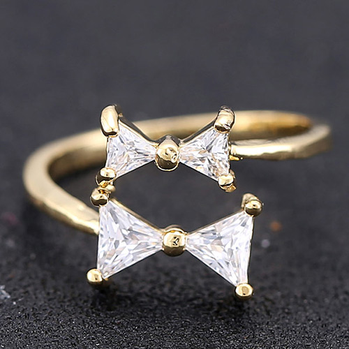 Sweet Gold Color Double Bowknot Decorated Opening Design Zircon Korean Rings