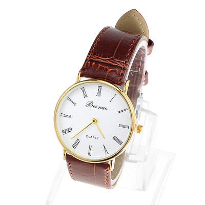 Couple Models Brown & Gold Color Leather Thin Strap Simple Design