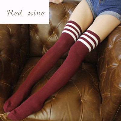 Classic Claret-red+white Stripe Pattern Decorated Knee-high Design