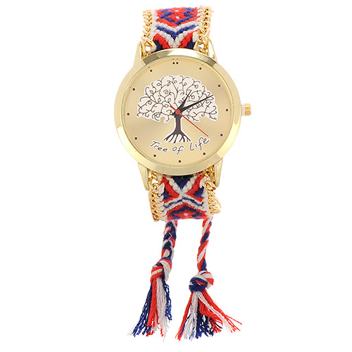 Simplicity Navy Blue+red Tree Pattern Decorated Rope Weave Chain Design  Alloy Ladies Watches