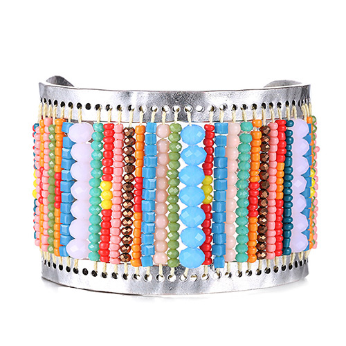 Bohemia Multi-color Beads Weaving Decorated Open Wide Design  Alloy Fashion Bangles