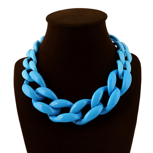 Exaggerate Light Blue Chain Shape Weaving Decorated Pure Color Short Design Acrylic Bib Necklaces