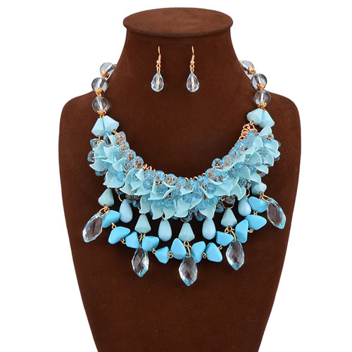Exaggerate Blue Crystal Flowers Pendant Decorated Tassel Design Alloy Jewelry Sets