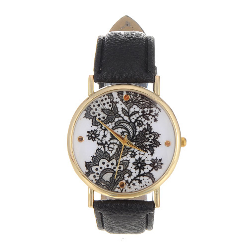 Exquisite Black Flower Pattern Decorated Pure Color Design  Pu Ladies Watches