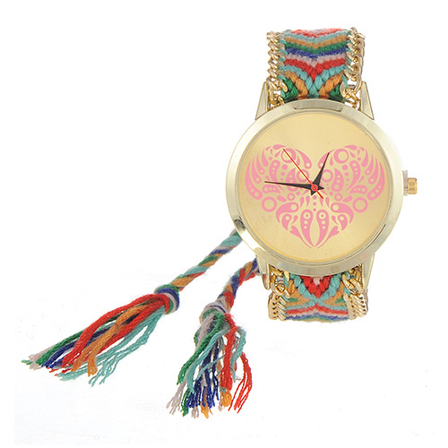 Vintage Green+red Heart Shape Pattern Decorated Hand-woven Strap Design  Fabric Ladies Watches