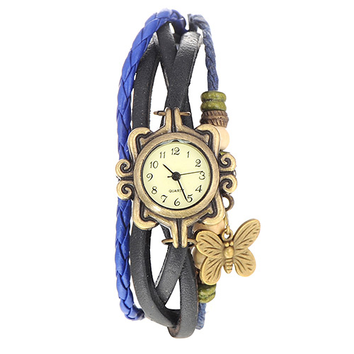 vintage Sapphire Blue Butterfly Shape Decorated Multilayer Design Pu Ladies Watches
