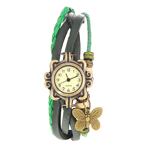 vintage Green Butterfly Shape Decorated Multilayer Design Pu Ladies Watches