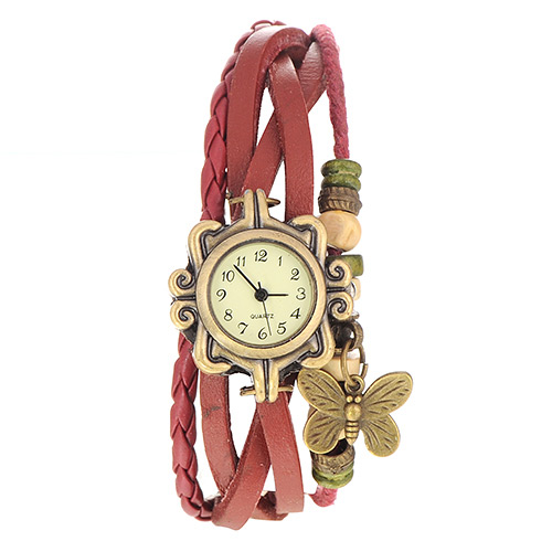 vintage Claret-red Butterfly Shape Decorated Multilayer Design Pu Ladies Watches