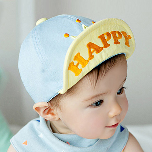 Lovely Light Blue+yellow Crown & Happy Word Decorated Crimping Design Cotton Children's Hats