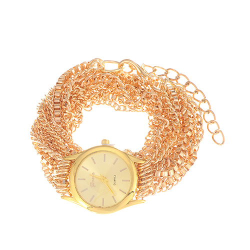 Exaggerate Gold Color Multilayers Chain Decorated Round Case Design Alloy Ladies Watches