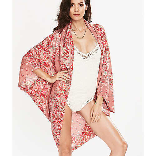 Sexy Red Flower Pattern Decorated Loose Cardigan Design Bikini Cover Up Smock