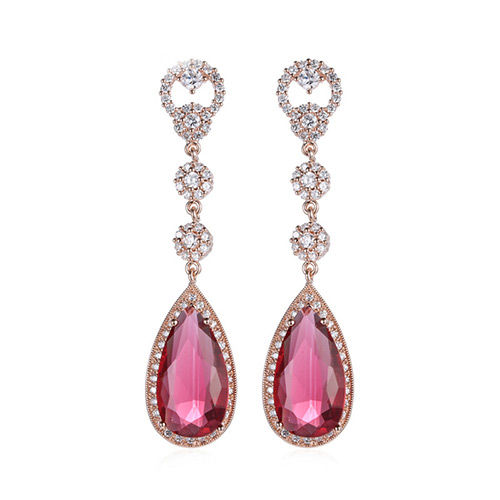 Luxury Red Diamond Decorated Waterdrop Shape Design Alloy Stud Earrings