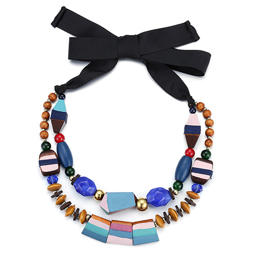 Vintage Multicolor Geometry Beads Decorated Double Layers Design Wood Bib Necklaces
