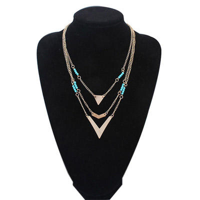 Parsimonious Blue Beads Decorated Triangle Shape Multilayer Design Alloy Chains