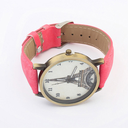 Exquisite Watermelon Red Eiffel Tower Pattern Decorated Simple Design Pu Ladies Watches