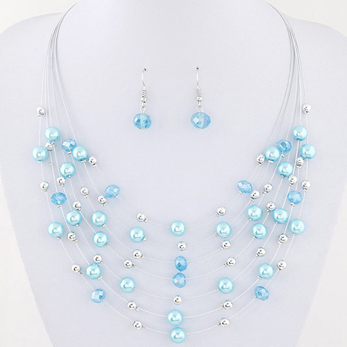 Bohemia Light Blue Pearl&crystal Decorated Multi-layer Necklace Set