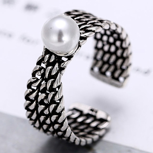 Vintage Anti-silver Pearl Decorated Multilayer Chain Shape Opening Ring