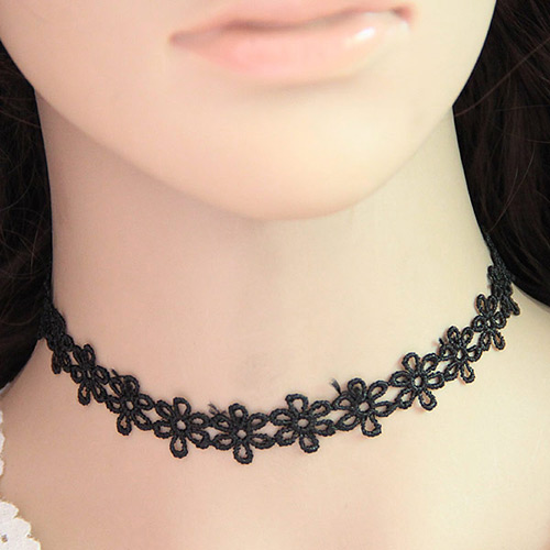 Temperament Black Pure Color Decorated Hollow Out Flower Chain Necklace