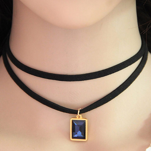 Temperament Dark Blue Square Gemstone Pendant Decorated Double Layer Necklace