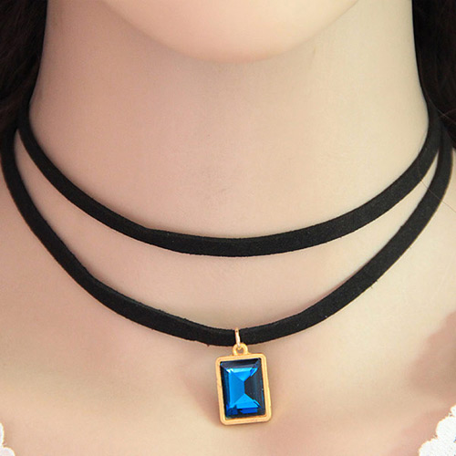 Temperament Sapphire Blue Square Gemstone Pendant Decorated Double Layer Necklace
