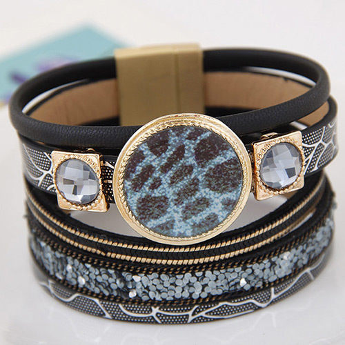 Trendy Black Round Shape Gemstone Decorated Multi-layer Magnetic Snap Bracelet