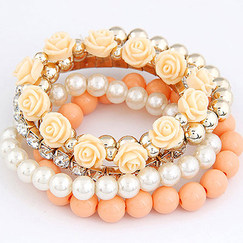 Trendy Orange Gemstone&flower&pearl Decorated Multi-layer Simple Bracelet