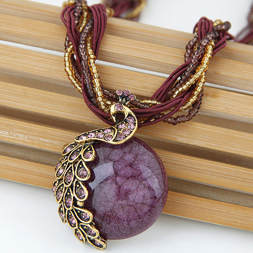 Exaggerate Dark Purple Peacock Decorated Round Pendant Simple Necklace
