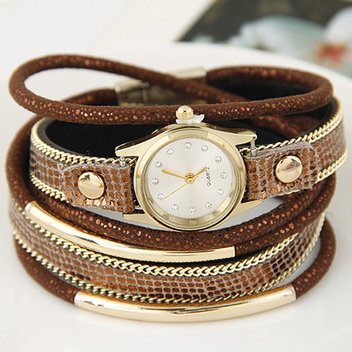 Fashion Brown+gold Color Chain& Tube Shape Decorated Multilayer Design Watch