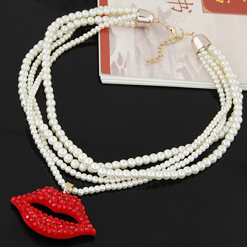 Fashion White+red Lip Shape Pendant Decorated Multilayer Design Short Chain Necklace