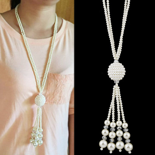 Trendy White Tassel& Round Shape Pendant Decorated Long Chain Simple Necklace