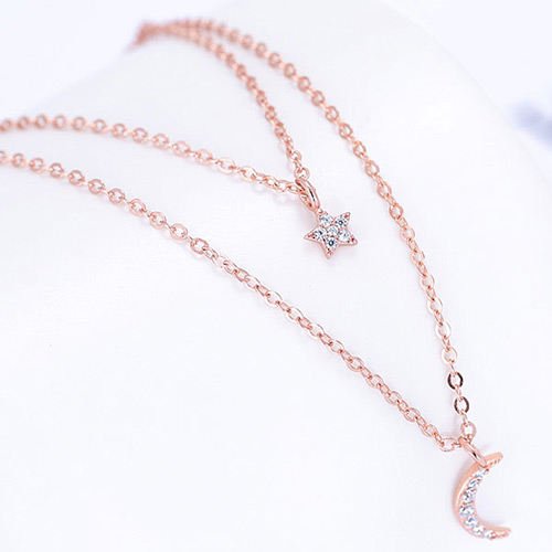 Sweet Rose Gold Star&moon Pendant Decorated Double Layer Simple Necklace