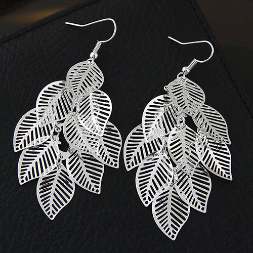 Fashion Silver Color Metal Leaf Decorated Pure Color Design Simple Earrings