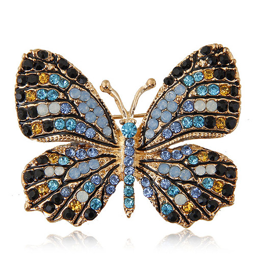 Delicate Black+blue Diamond Decorated Butterfly Design Simple Brooch