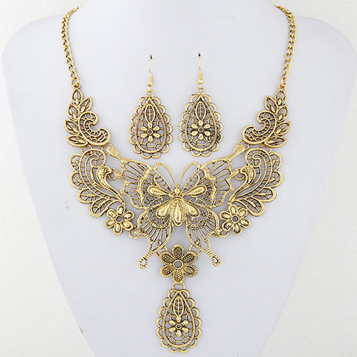 Vintage Gold Color Metal Butterfly Decorated Hollow Out Design Jewelry Sets