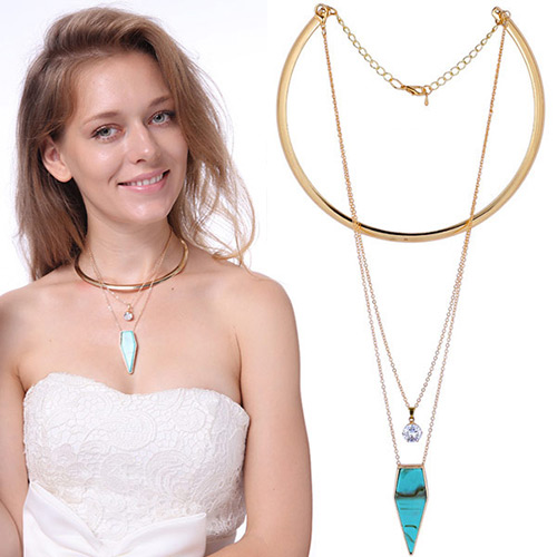 Exaggerated Gold Color+blue Triangle Shape Pendant Decorated Multilayer Necklace