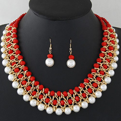 Fashion Red+white Pearls&diamond Decorated Multi-layer Jewelry Sets