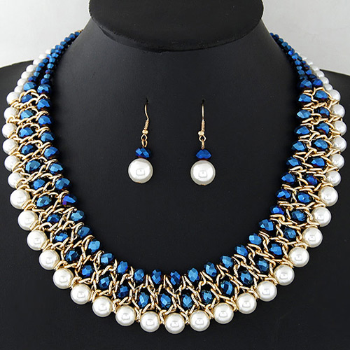 Fashion Dark Blue+white Pearls&diamond Decorated Multi-layer Jewelry Sets