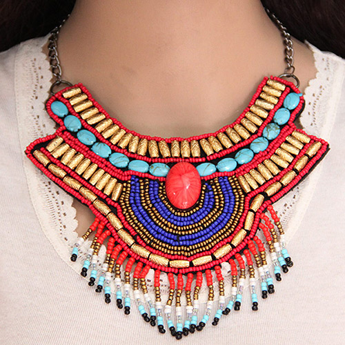 Trendy Multi-color Bead Tassel Pendant Decorated Irregular Shape Collar Necklace